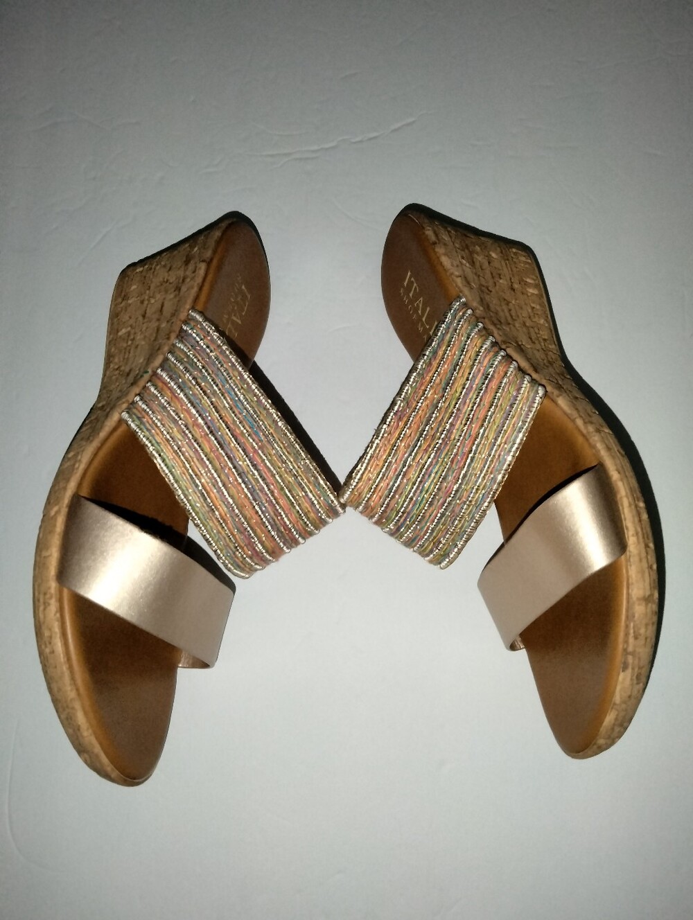 Italian Shoemakers (Sz 9.5) Rose Gold & Multicolor Strappy Slip-on Wedge Sandals